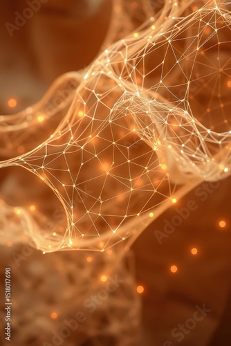 Unique abstract representation of interconnected nodes and glowing lights in warm tones showcasing technological concepts