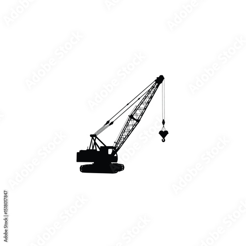 Silhouette of a crawler crane lifting load on white background