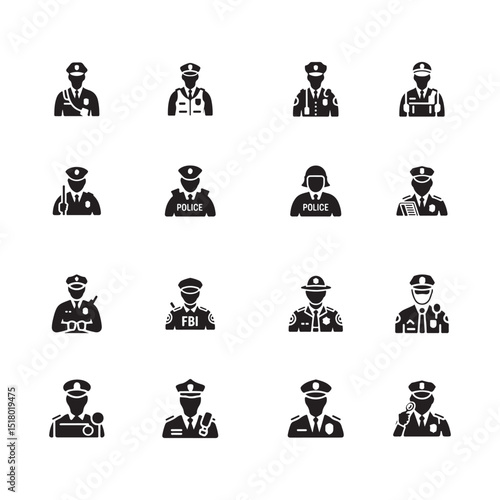 A set of twelve black and white silhouette icons representing various law enforcement officers, including police and FBI agents.