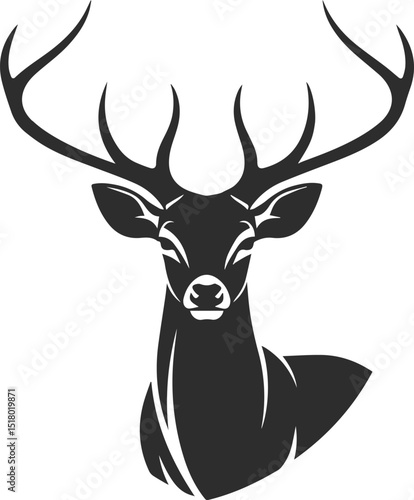 Logo of a beautiful deer with big horns and eyes, deer icon in the form of a silhouette in black.