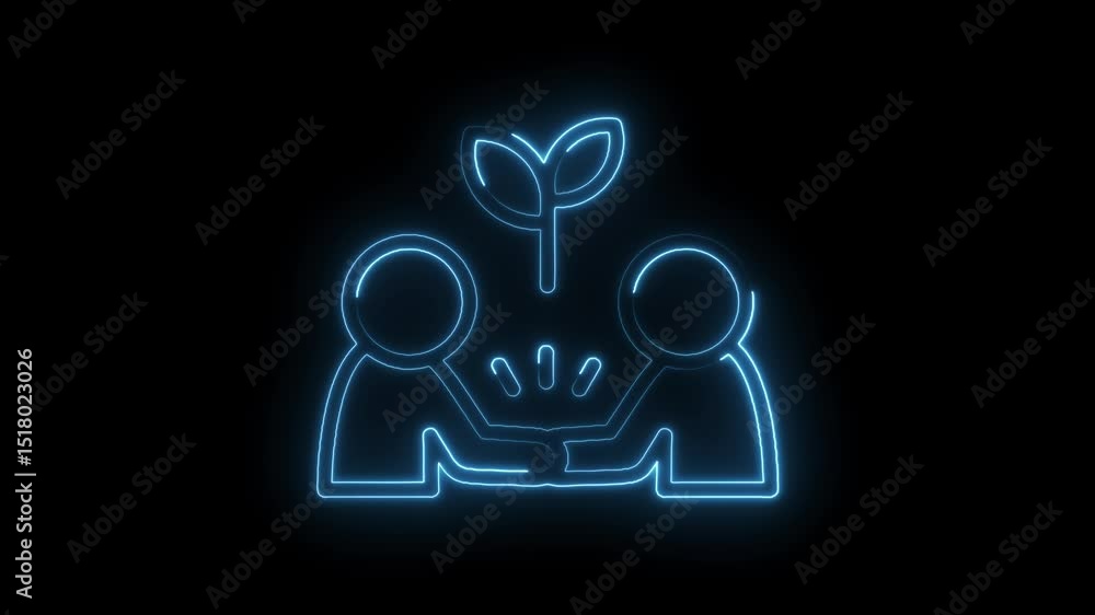 Neon style two people handshake symbol under plant growing business partnership Neon style two people handshake symbol under plant growing business partnership