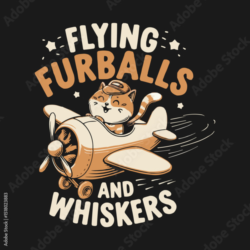 Flying Furballs Whiskers Adorable Cartoon Cat Pilot Soaring in a Vintage Airplane with a Playful Orange Sunset Background