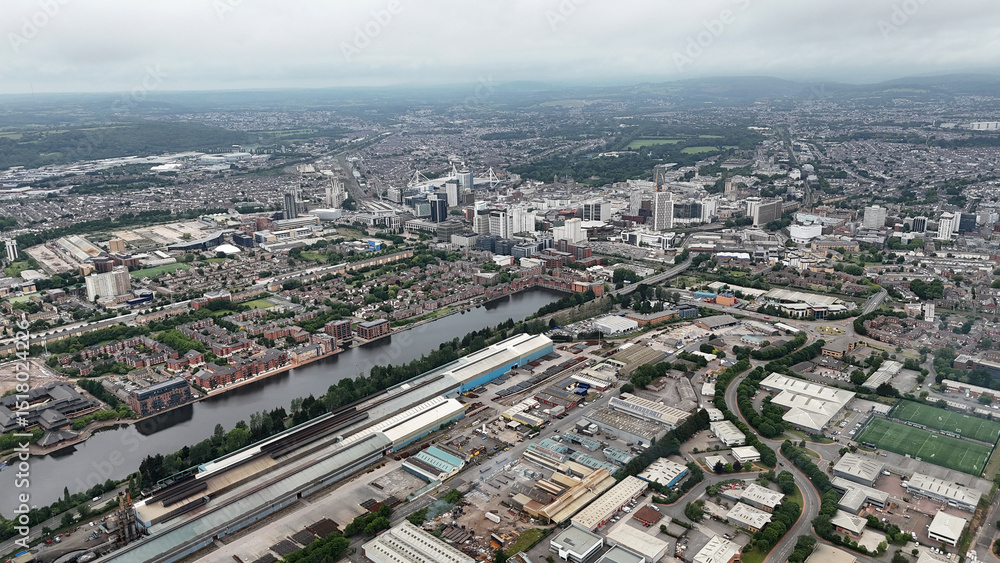 Fototapeta premium Arial view of suburban housing, flats and apartments Bute East Dock Cardiff, South Wales 