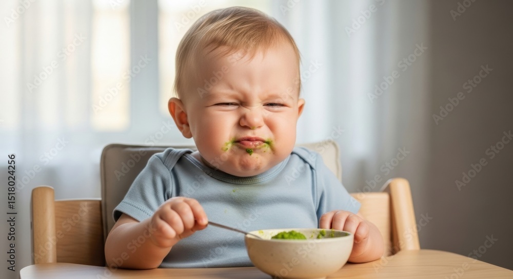 Adorable baby boy making a disgusted face while trying green pureed food Adorable baby boy making a disgusted face while trying green pureed food