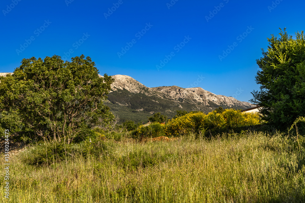 Obraz premium Tourist trail leading from Baska to the cemetery and to the Church of St. John,