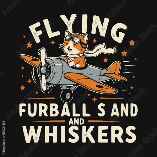 Flying Furballs and Whiskers: Adorable Cartoon Cat Pilot Soaring Through the Sky in a Vintage Airplane T-Shirt Design