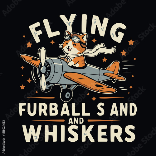 Flying Furballs and Whiskers: Adorable Cartoon Cat Pilot Soaring Through the Sky in a Vintage Airplane T-Shirt Design