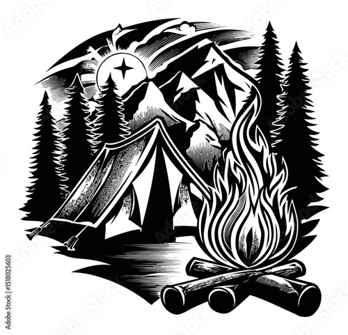 Black and White Engraving of Camping Scene with Tent and Campfire