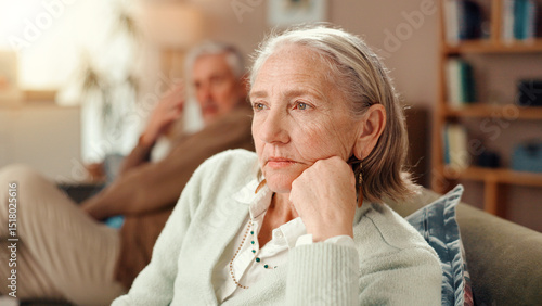 Tableau sur toile Frustrated, senior couple and fight with disagreement on sofa for toxic marriage at retirement home