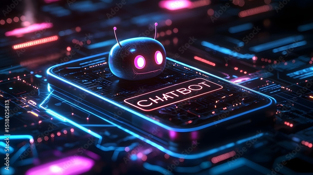 Vibrant Neon Chatbot with Holographic Face Floating Above Smartphone Screen Vibrant Neon Chatbot with Holographic Face Floating Above Smartphone Screen