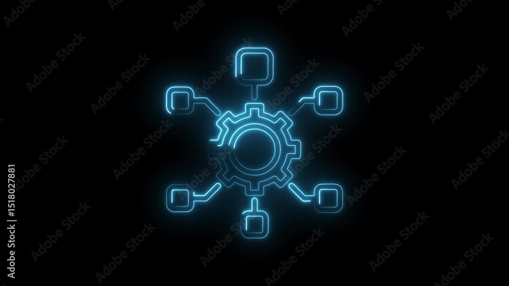 Glowing blue neon gear connected to nodes animating on a black background Glowing blue neon gear connected to nodes animating on a black background