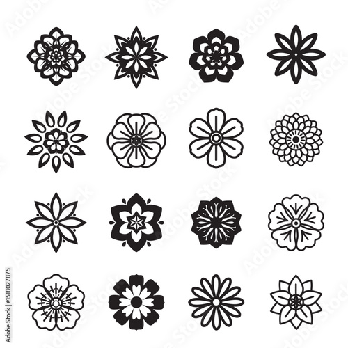 Set black outline flower icon. Outline EPS.