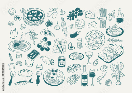 Hand drawn doodle set of different Italian food. Mediterranean traditional cuisine in sketch style. Minimalist collection linear food and drinks. Vintage design items for kitchen poster, print, menu