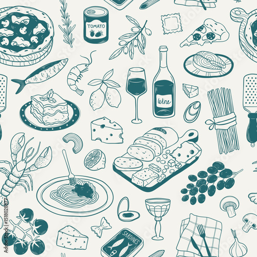 Hand drawn doodle seamless pattern of different Italian food. Linear background with Mediterranean traditional cuisine in sketch style. Vintage design items for poster, print, menu, wrapping paper