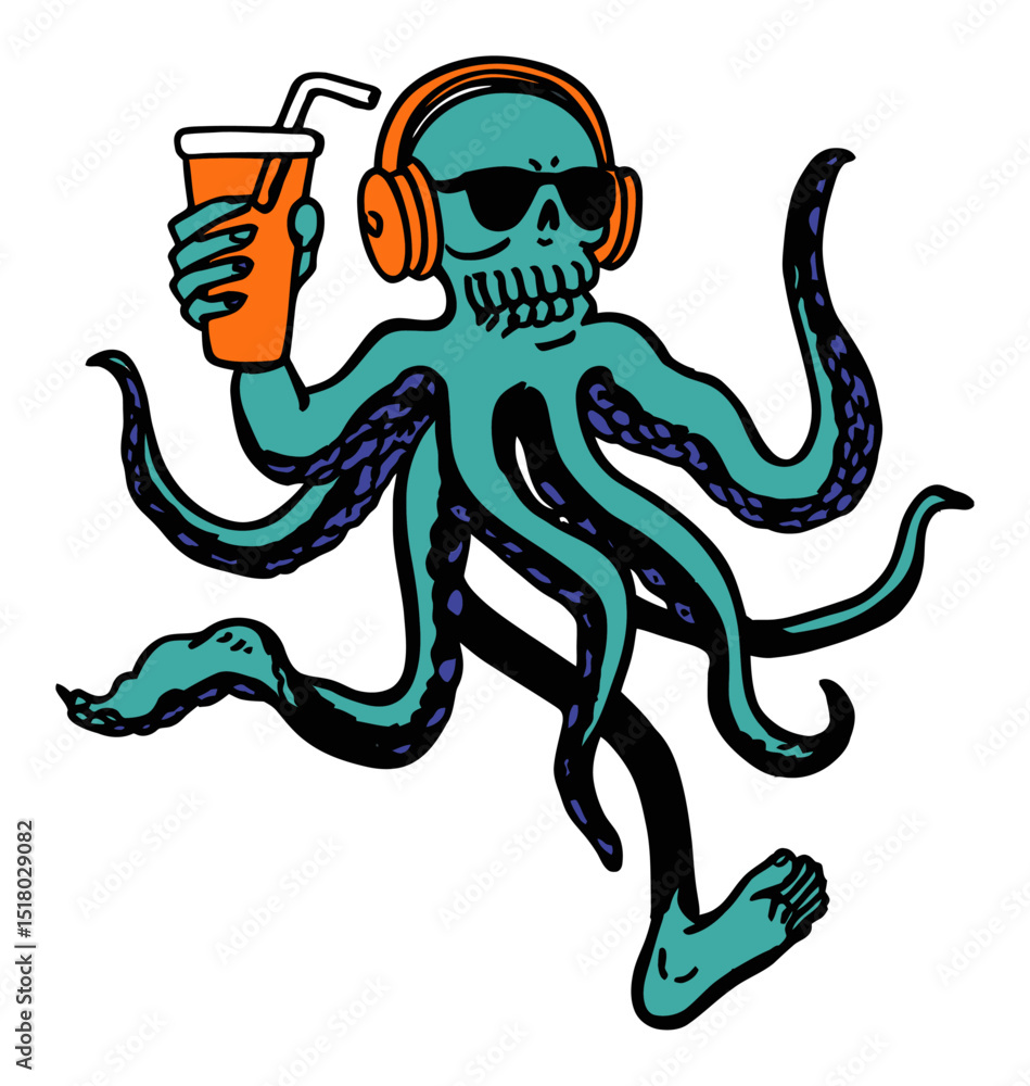 Obraz premium Fun Hand-Drawn Octopus Skeleton with Headphones and Drink Illustration