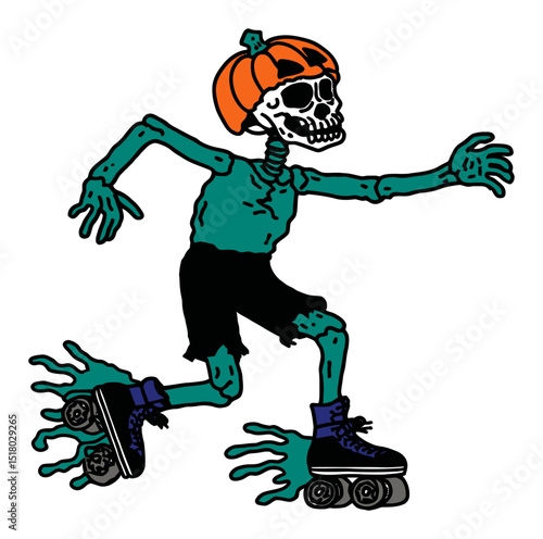 Hand-Drawn Skeleton Roller Skating with Pumpkin Head Illustration