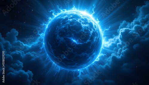 A spherical azure world hangs suspended against the void, its surface swirling with cloud formations, hinting at powerful atmospheric forces