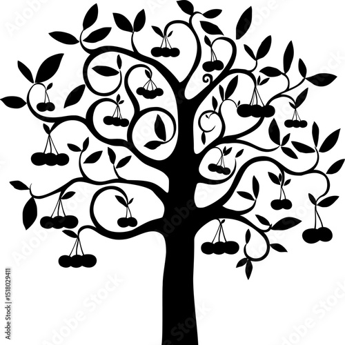 Big Cherry tree in flat design isolated on white background, farming concept, tree with fruits and big ripe cherries near it, harvest infographic elements. vector illustration