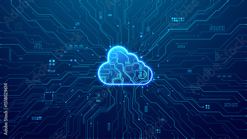 Abstract digital tech Cloud with circuit board components. AI data server concept. Big Data. Technology blue circuit board. 3D neon cloud in the center futuristic motherboard. Vector illustration. 