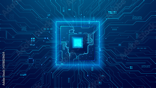 Abstract digital AI chip on light circuit board on technology blue background. Artificial Intelligence processor or semiconductor on tech bg. Computer microchip on motherboard. Abstract digital vector