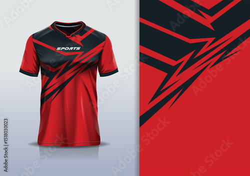 T-shirt mockup abstract sharp line jersey design for football, soccer, racing, esports, running, in red black color