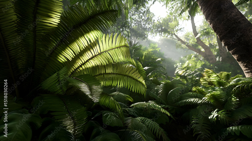 Naklejka premium Sunlight Filtering Through Lush Tropical Forest Canopy