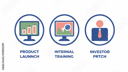 Product Launch Internal Training and Investor Pitch Icons Corporate Business Presentation Startup Round Vector