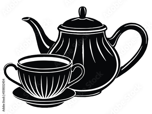 Ceramic teapot and teacups isolated on white, ready for a hot traditional beverage service