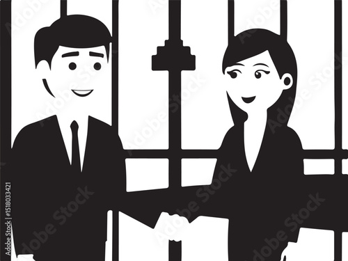 Two businesspeople, a businessman and a woman, in suits shaking hands, symbolizing teamwork and a successful office partnership