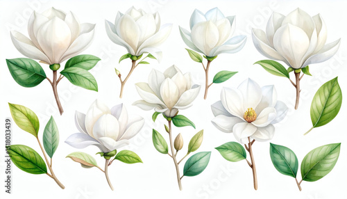 Watercolor white magnolia flower and leaf bouquet clipart collection isolated on white for elegant botanical illustrations, wedding invitations, and floral design projects