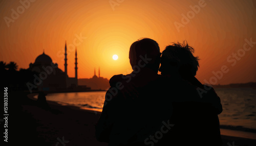 Elderly couple embracing during Eid sunset, love and unity