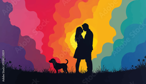 Couple embracing in colorful sunset silhouette, love and unity