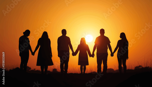 Group holding hands in silhouette at sunrise, unity and togetherness