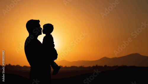 Silhouette of dad comforting crying toddler against sunset, emotional bond