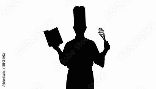Silhouette of a cook holding a cookbook and whisk, culinary creativity