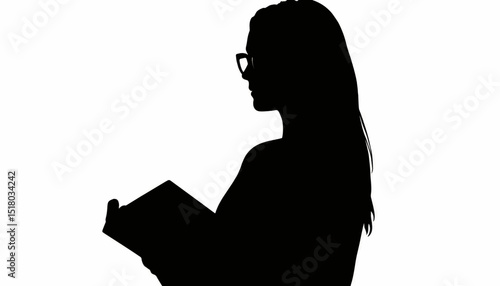 Silhouette of a woman reading books against a white background, knowledge