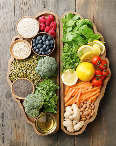 Gut brain axis. Mood board showcasing foods that enhance brain health through gut connection.