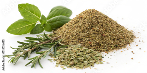Fototapeta Naklejka Na Ścianę i Meble -  Pile of ground Provencal herbs seasoning isolated on white background with fresh green basil and rosemary, aromatic culinary spice blend, gourmet cooking ingredients, natural healthy food close-up