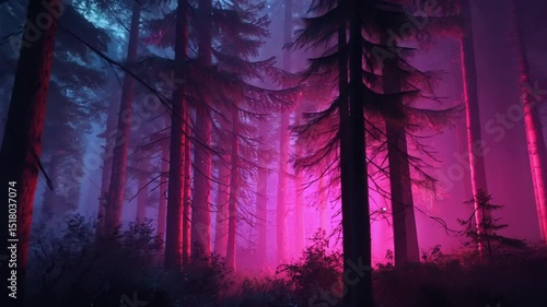 Spooky forest animation endless camera movement through dark foggy forest.