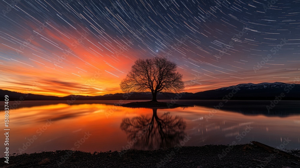 Obraz premium Serene Landscape with Silhouetted Tree and Star Trails Over Reflective Water at Sunset in Tranquil Natural Environment