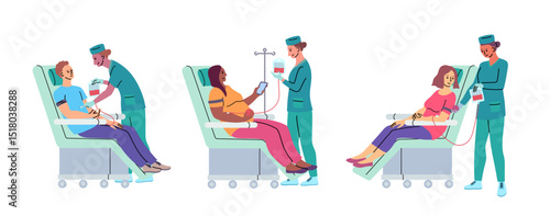 Cartoon Color Characters People Volunteers Donating Blood Concept Flat Design Style with Elements Thin Line. Vector illustration of Donation Procedure