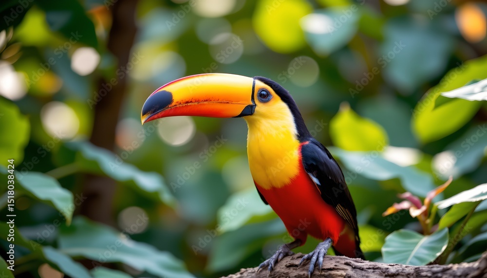 Fototapeta premium a vibrant toucan perched atop a wooden stump in what appears to be a tropical setting with lush greenery around