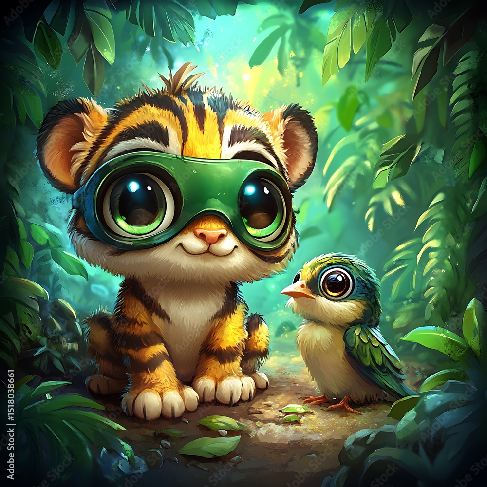 Fototapeta premium Adorable tiger cub wearing mask and a cute bird in a lush jungle setting