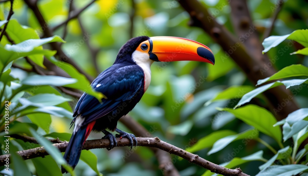 Fototapeta premium a vibrant toucan perched confidently on a branch in a lush tropical setting