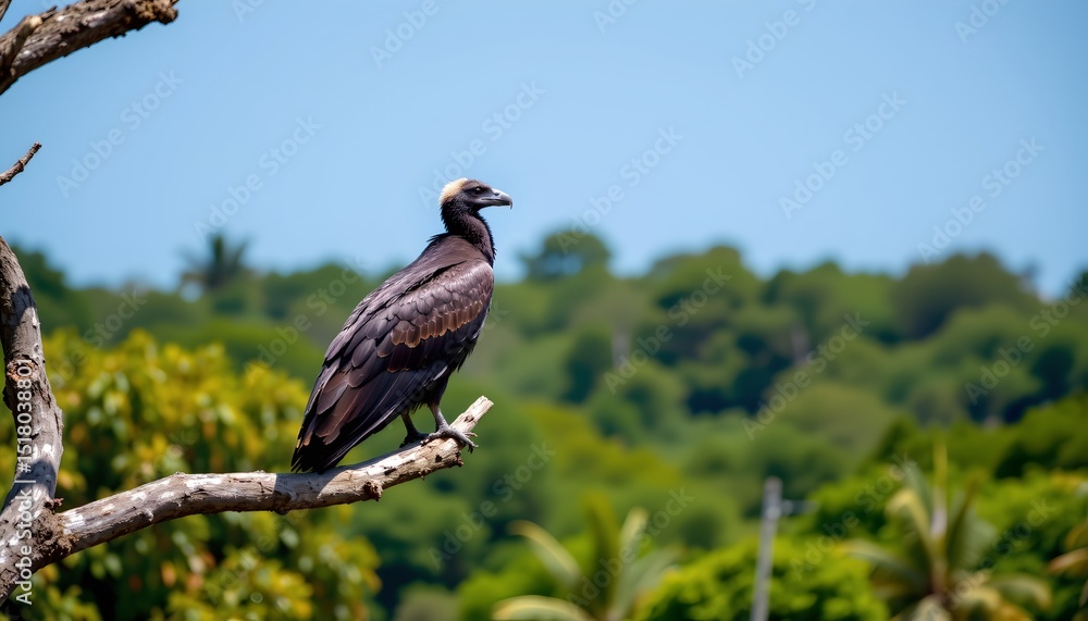 Fototapeta premium a large bird perched on a tree branch. the bird has dark feathers and is facing to the left. behind the bird, there's a clear sky and a distant view of lush green landscape with palm trees visible