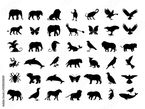 Collection of animal silhouettes including mammals birds insects  isolated on transparent background, no background