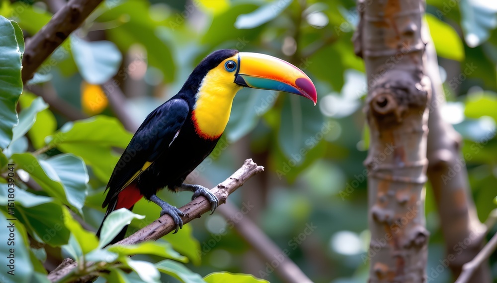 Fototapeta premium a tropical toucan perched in a lush setting with trees and foliage, its vibrant plumage contrasting against the natural backdrop
