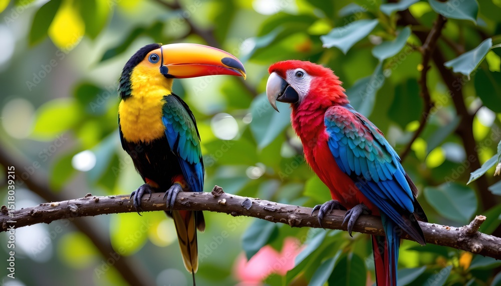 Obraz premium a pair of vibrant parrots perched side by side on a branch in a lush, tropical environment