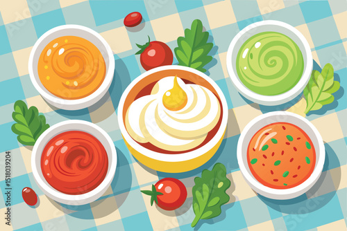 Assortment of Colorful Dips and Sauces dips sauces