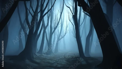 Spooky forest animation endless camera movement through dark foggy forest.